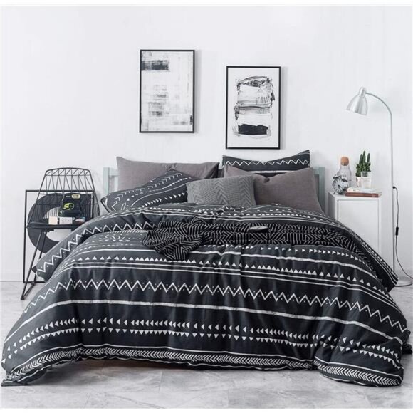 Duvet Cover 3 Pieces Set 1 Vintage Triangle Pattern Duvet Cover - Black Aztec